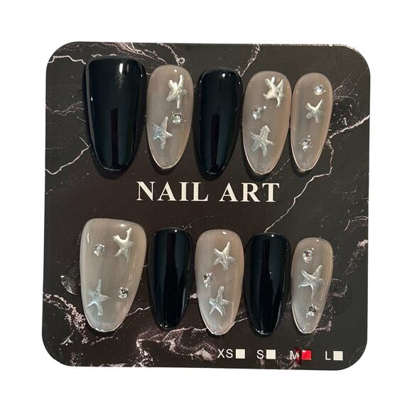 Black and Translucent Pink Star Medium Almond Press On Nails - Size Medium - Picture 2 of 2